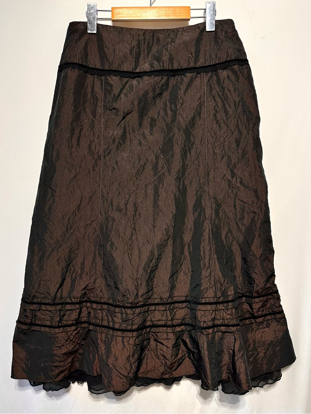 NUOVI SARTI Made in Italy Brown Crinkle Midi Skirt Silk Ruffle Trim Size 10